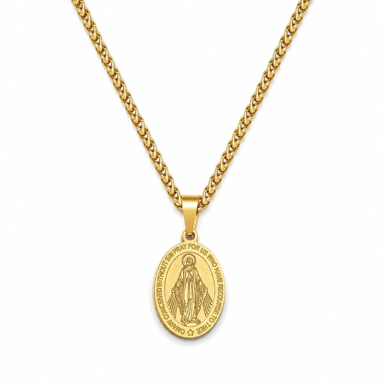 Unisex Vintage Engraved Our Lady of Grace Miraculous Medal Pendant Necklace, Long Waterproof Stainless Steel Cuban Chain, Everyday Religious Streetwear Accessory with Metal Coating
