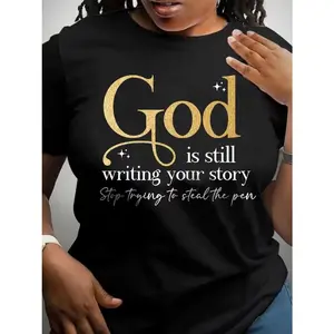 God Print Graphic T-shirt, Solid Short Sleeve Crew Neck Casual Top for All Seasons, Plus Size Women's Clothing.Plus Size