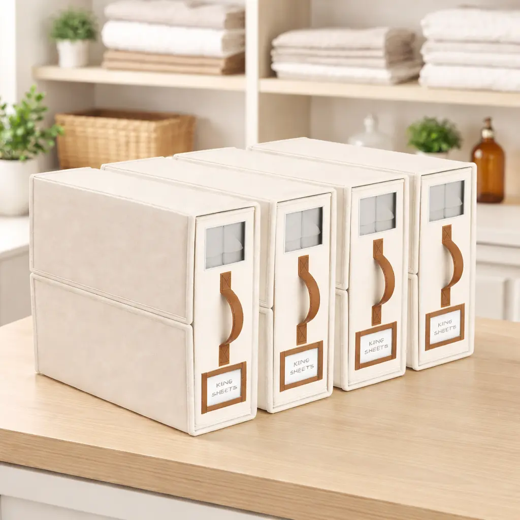4-Pack Beige Rectangle Foldable Storage Bins - Durable Collapsible Bedding Sheet Organizer Boxes with Zipper Lid, Carry Handle, Dustproof Design for King Size Bedding Sets Organization