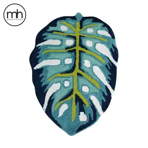 Blue Monstera Leaf Shaped Accent Hand Tufted Wool Rug
