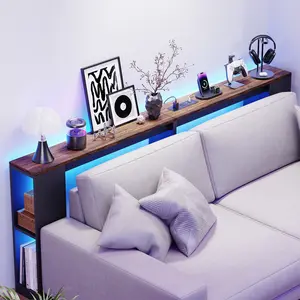 BROTTAR 79" Behind Couch Table, Industrial Long Sofa Table with LED Lights & Outlet, Human Body Sensor, Narrow Console Table with Storage for Entryway, Living Room, Hallway (Rustic Brown)