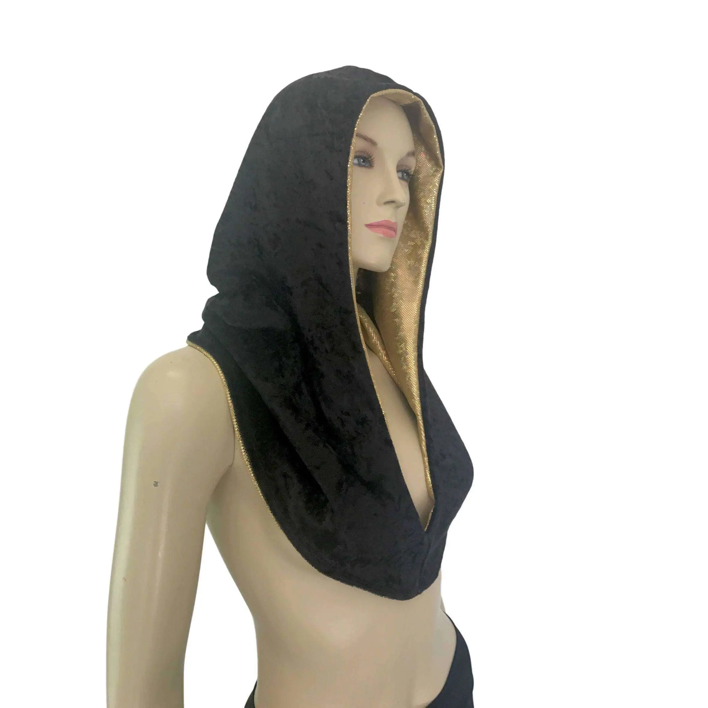 Reversible Gold Shattered Glass & Black Crushed Velvet Rave Hood