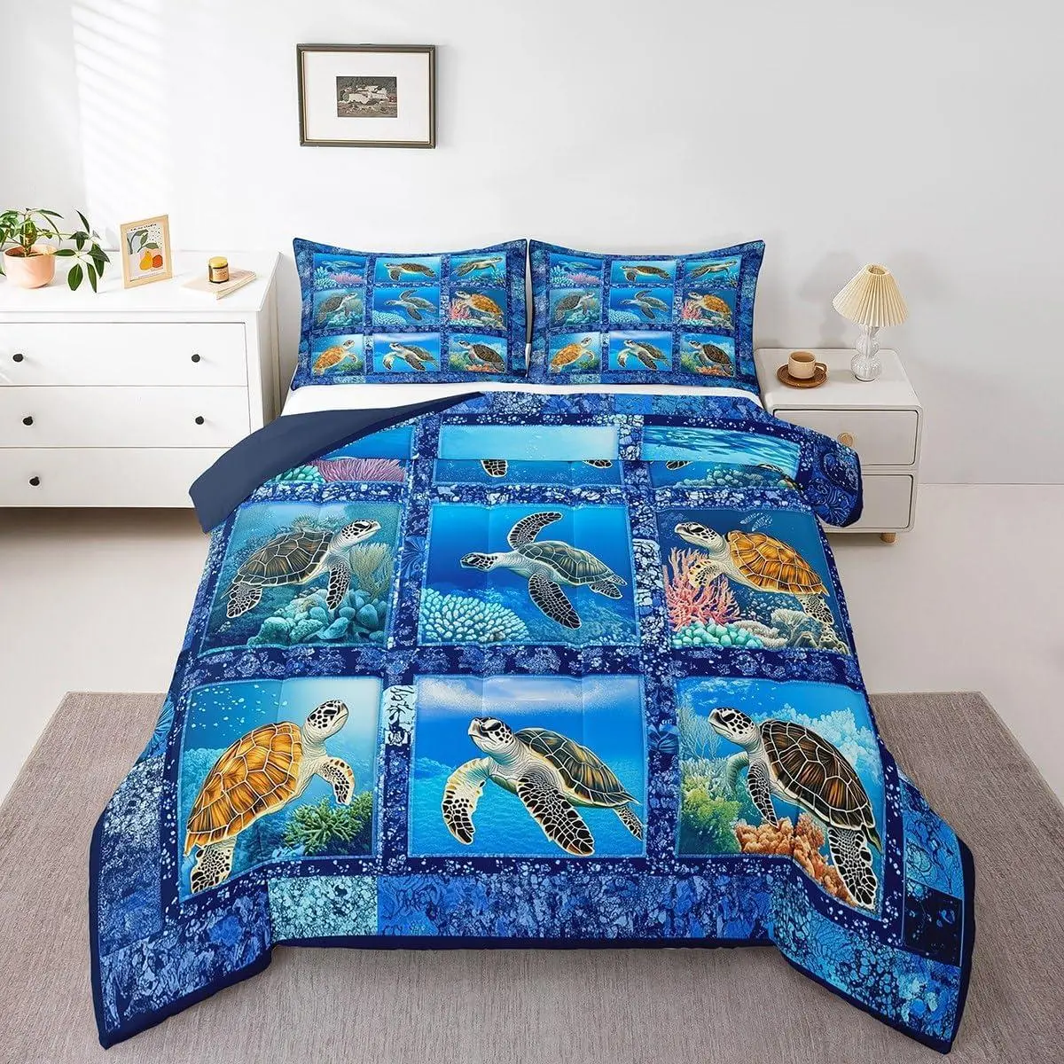 Sea Turtle Comforter Set 3D Reptile Animal Printed Bedding Set Ocean Marine Themed Plaid Comforter Marine Life Sealife Quilt Set