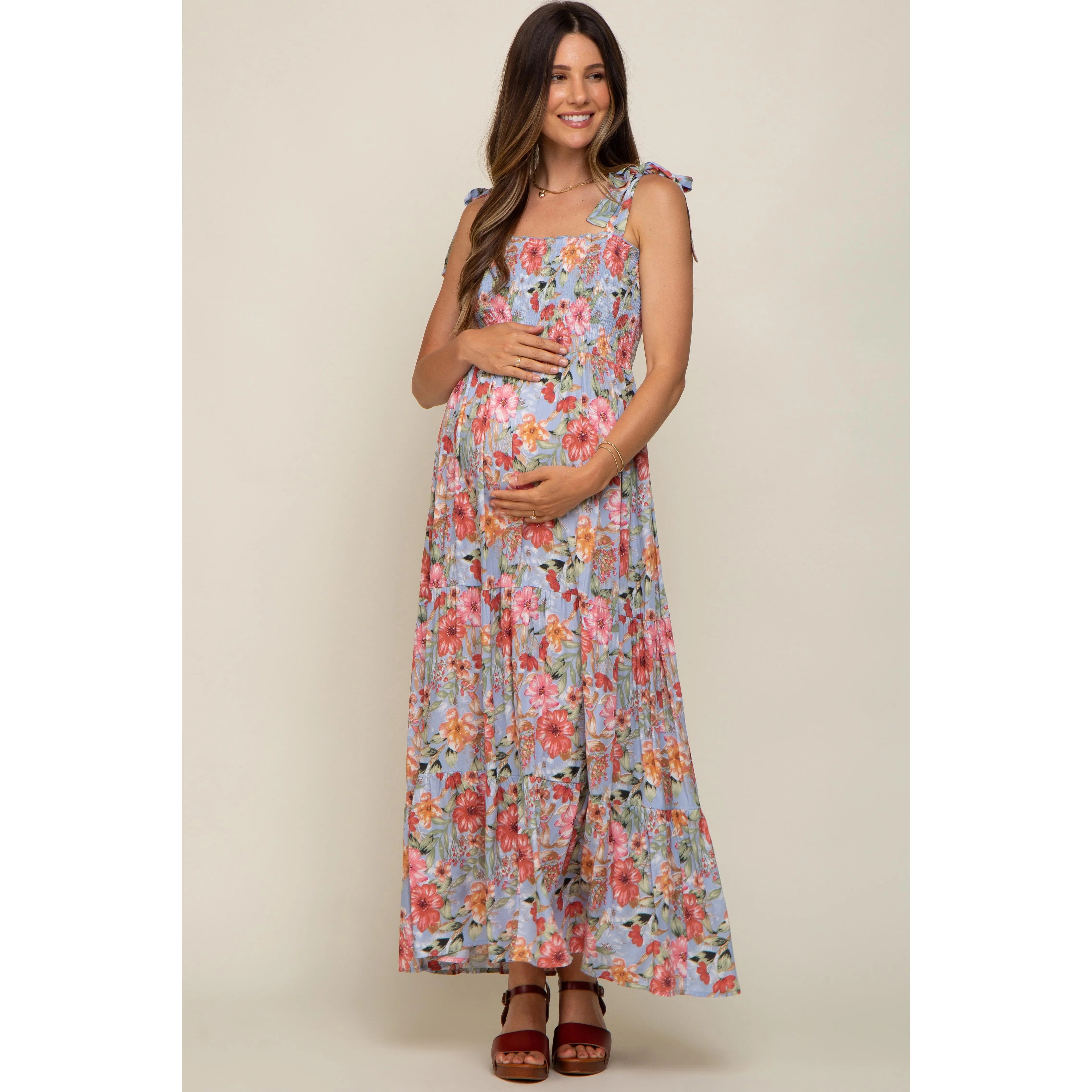 Light Blue Floral Smocked Shoulder Tie Tiered Maternity Maxi Dress