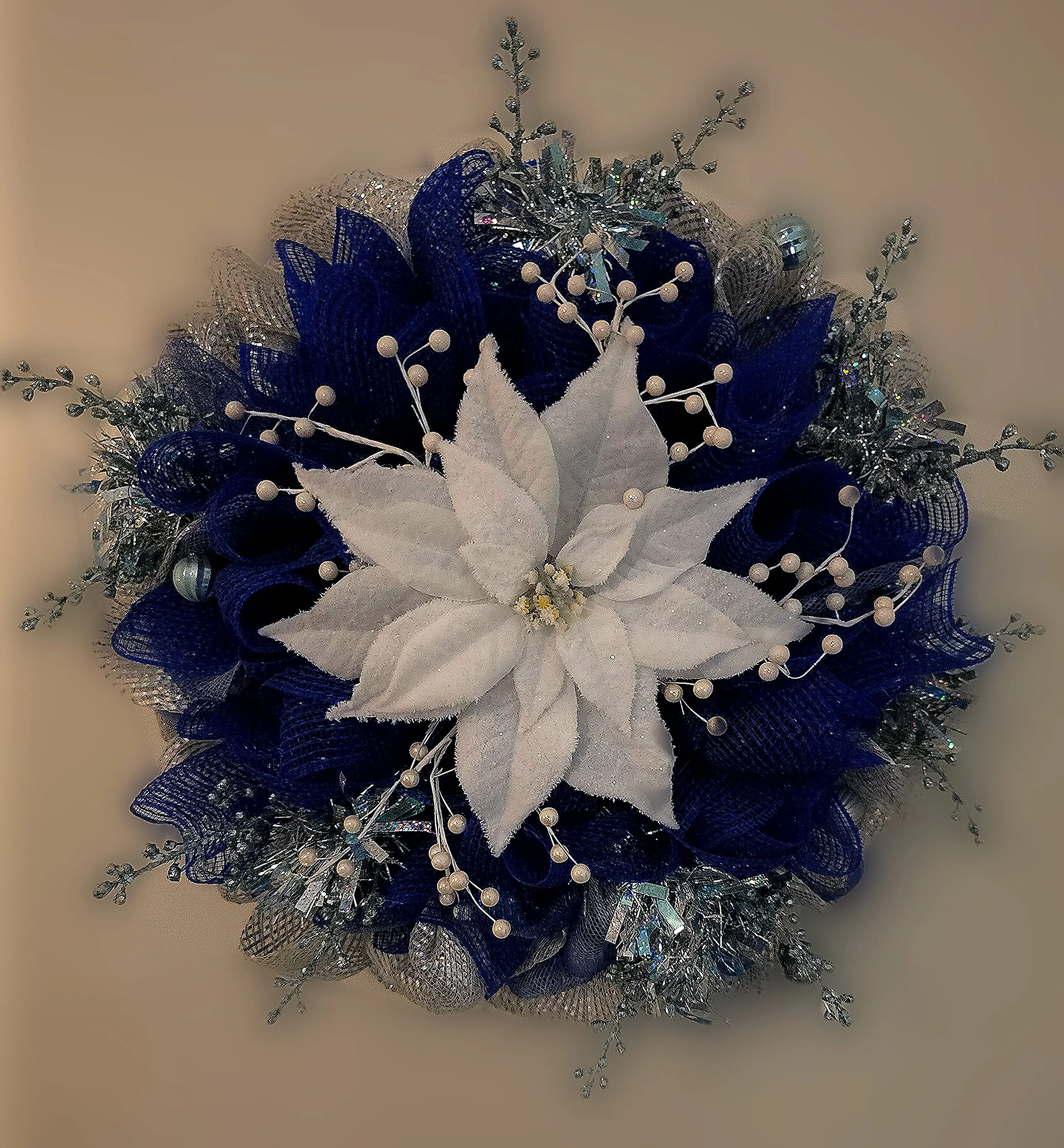 Delightfully Captivating Cobalt Blue, Metallic Silver, Embellished Christmas Wreath