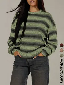 Women's Striped Knit Sweater Casual Long Sleeve Top, Round Neck Pullover for All Seasons, Moderate Fabric Thickening, Knitted Tops