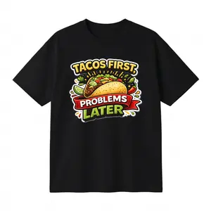 Cotton Oversized T-Shirt Unisex Funny Meme T-Shirt Graphic Print “Tacos First Problems Later” Food Lover Tee Casual Streetwear Summer Daily Wear