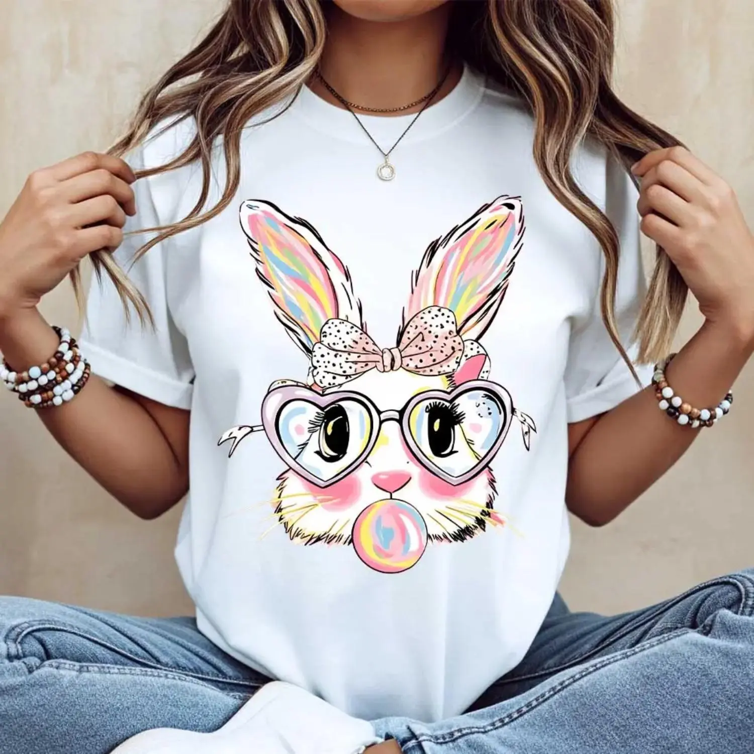 Colorful Bunny Rabbit T-Shirt with Heart Glasses and Bubblegum Print Perfect for Spring and Holiday Celebrations