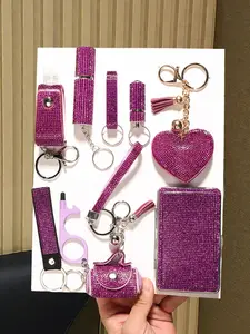 9pcs shiny purple full diamond keychain accessories suit, key ring, ornaments all available, add a full sense of high-level for your key