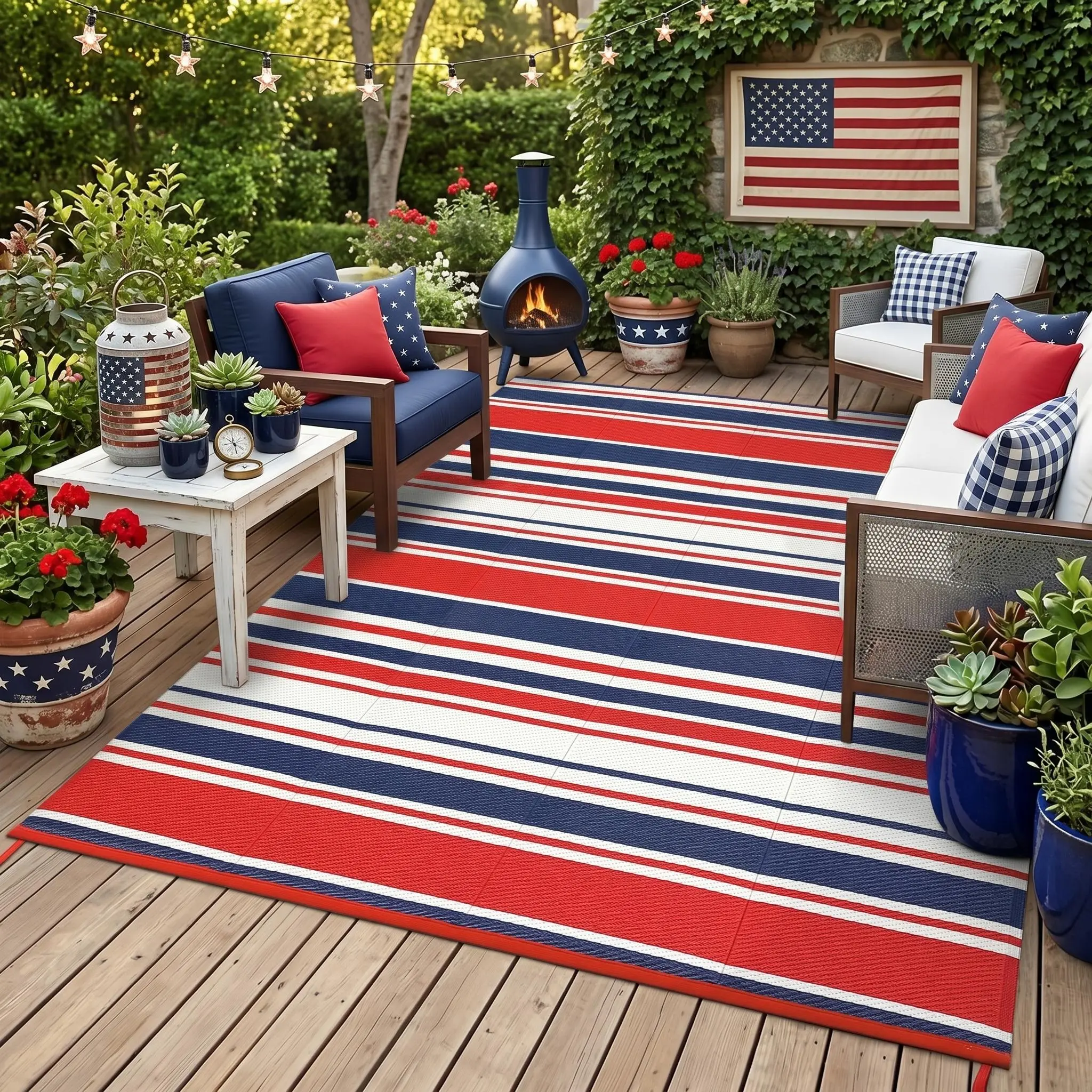 Waterproof Foldable Outdoor Rug Modern Striped Reversible Plastic Straw Carpet, Portable Floor Mat for Patio, Garden, Poolside, Yard and RV Camping