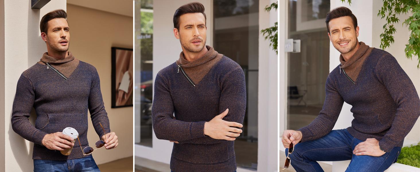 COOFANDY B Men's Knitted Turtleneck Pullover Shawl Collar Sweaters Slim Fit High Neck Hoodies with Pockets COOFANDY B Men's Knitted Turtleneck Pullover Shawl Collar Sweaters Slim Fit High Neck Hoodies with Pockets
