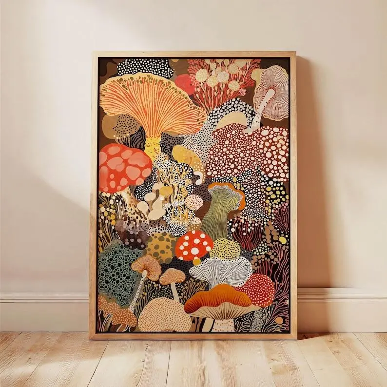 Unframed Bordered Mushroom Paper Wall Art Poster Print - Vintage Wall Art, Multi-Size (8x10,11x17,12x18,16x24,24x24,27x40,30x30 in), Earthy Rustic Fungi Artwork, Botanical Kitchen Decor, Nature-Inspired Gift for Mushroom Enthusiasts (Shipped in a Tube)