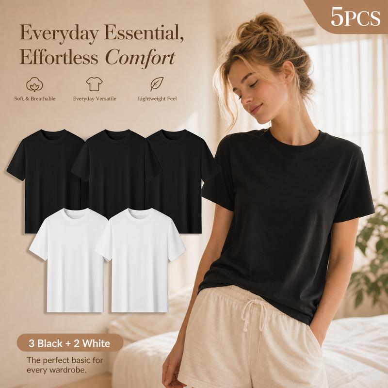 Women's Soft Stylish Breathable Cotton Crew Neck Short-Sleeve Minimalist Basic Unisex T-Shirts - 5PCS Multipack (3 Black, 2 White) with Christmas Fabric for Casual, Everyday, Beach Wear