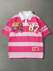 Men's "87" Patchwork Striped Rugby Polo Shirt, Pink & White Mesh Jersey with Multi-Logo Patches, Y2K Streetwear Casual Top