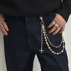 Men’s Layered Pearl Cross Pants Chain - Y2K Gothic 2-Tone Gold & Silver Waist Chain with Colorful Rhinestone Heart & Floral Charms, Adjustable Streetwear Hip Hop Accessory for Daily Casual & Party Outfits