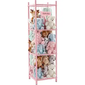 Stuffed Animal Storage, 54In Large Stuffed Animal Holder, Plushies Storage with Solid Wood Base&Elastic Cord, Space Save Zoo Toy Organizers for Playroom Bedroom Nursery Pink