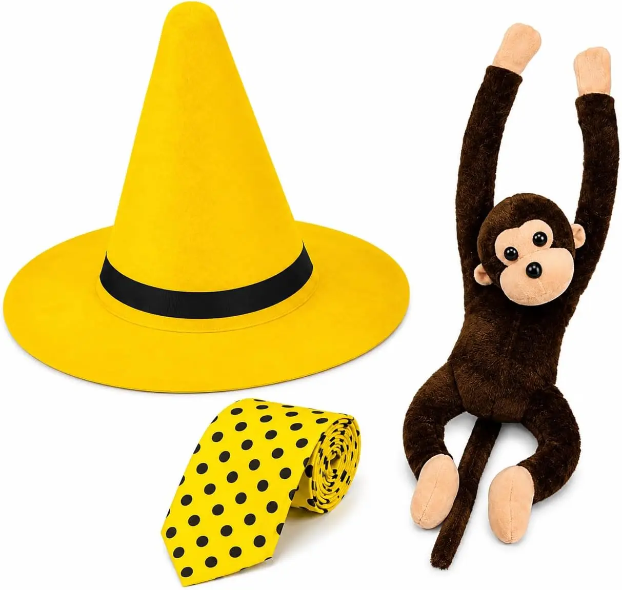 HandinHandCreations Man in the Yellow Hat Costume, World Book Day Curious George Costume Yellow Hat with Polka Dot Tie Stuffed Monkey for Men Women for School Reading Party Book Character Dress Up Halloween Cosplay
