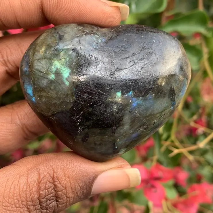 Natural Black Labradorite Crystal Heart Carving