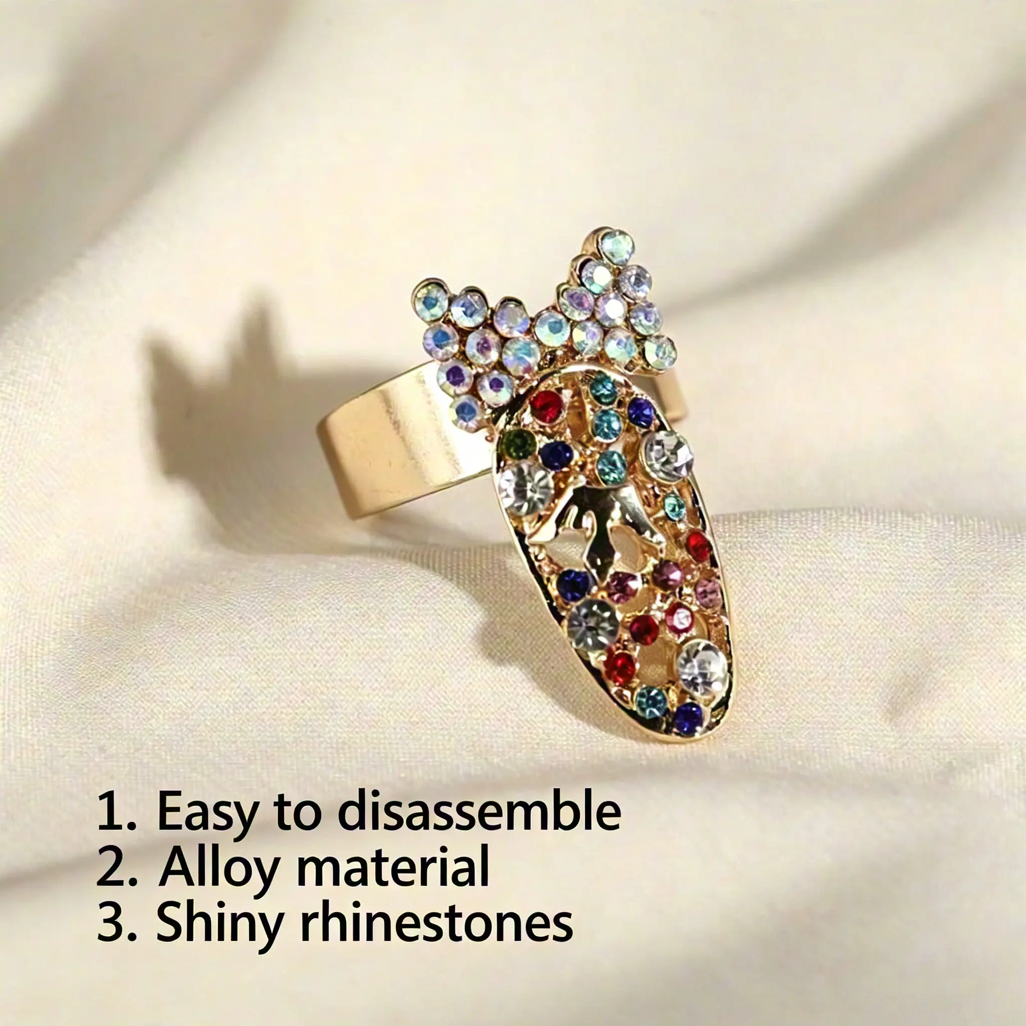 Adjustable Alloy Nail Ring Set with Crystal Bow & Heart Charms, Manicure Jewelry for Women's Nail Art Decoration, Women's Fashion, Fashion party