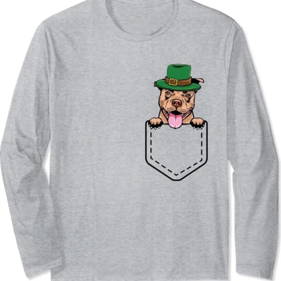 Funny Peeking Red Pitbull Dog In Pocket St Patricks Day Long Sleeve T-shirt