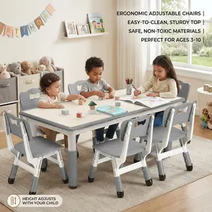 Garvee Adjustable Kids Table And 6 Chairs Set Multi-Activity Desk With Graffiti-Resistant Surface And Non-Slip Legs For Arts Crafts Playroom