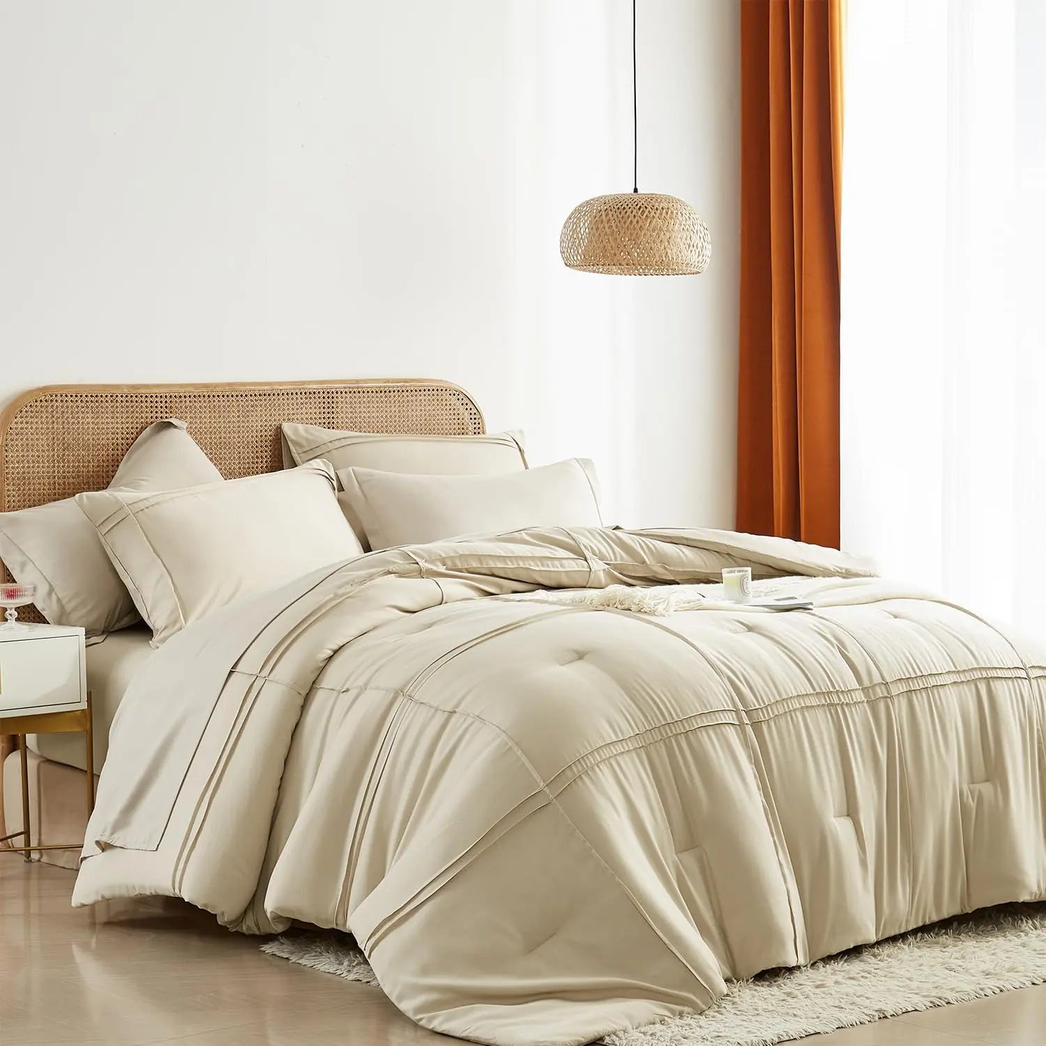 Size Comforter Set 7 count Bed in a Bag,Grid Pinch Pleat Beige Bedding Set,Striped Textured Soft Microfiber Comforter with Sheet Set,All Season Complete Bed Set(Beige,)