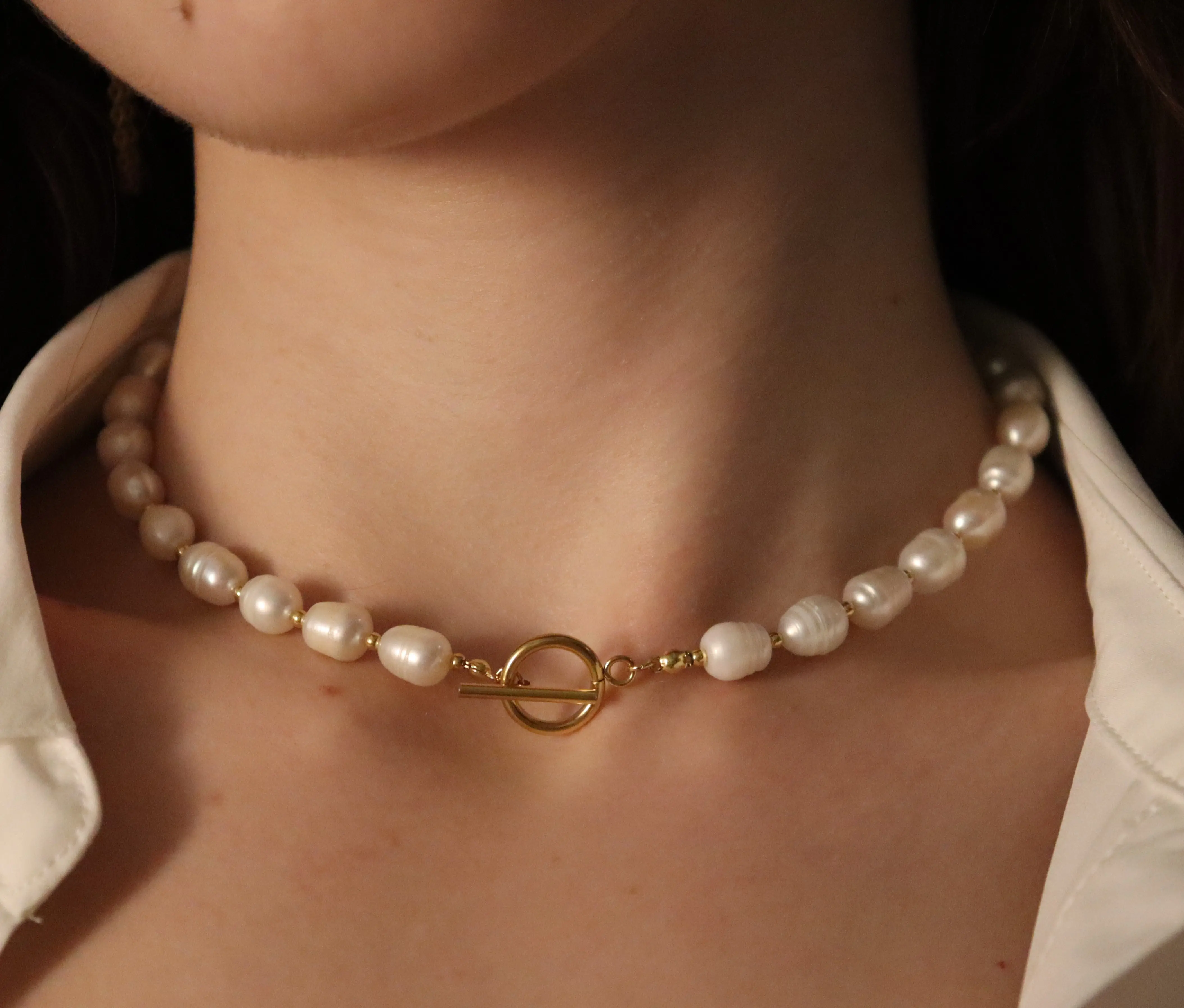Mabel Toggle Pearl Necklace - 18K Gold-Plated Stainless Steel Chain, Pearl Pendants, Handmade, Unisex, Waterproof, Tarnish-Free, Hypoallergenic Neck Jewelry