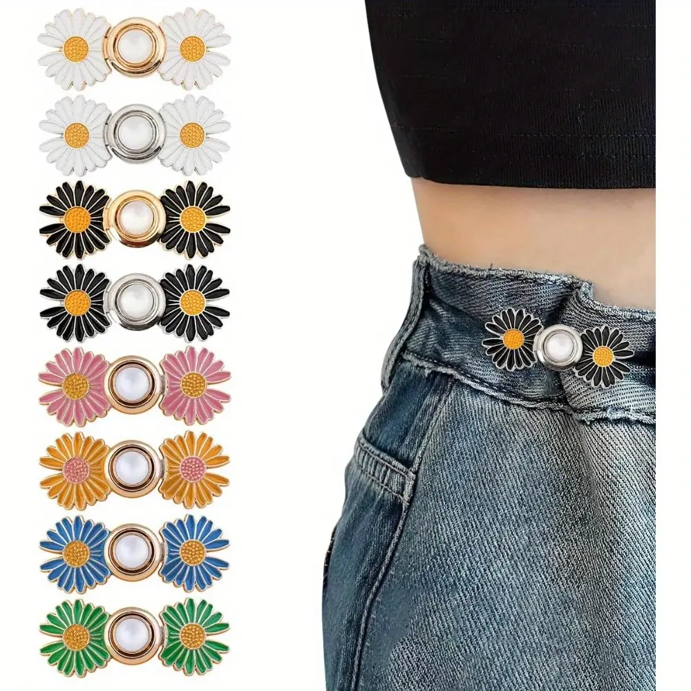 Unisex Fabric-Metal Flower Button Pins (16-Set, Flower2) - 2025 New Adjustable Clips, No-Sew Clothing Accents, Waist Tightener Buckle Extender for Loose Jeans/Skirt, Everyday Use, 16 Sets, 16-Set Pack, Everyday Wear