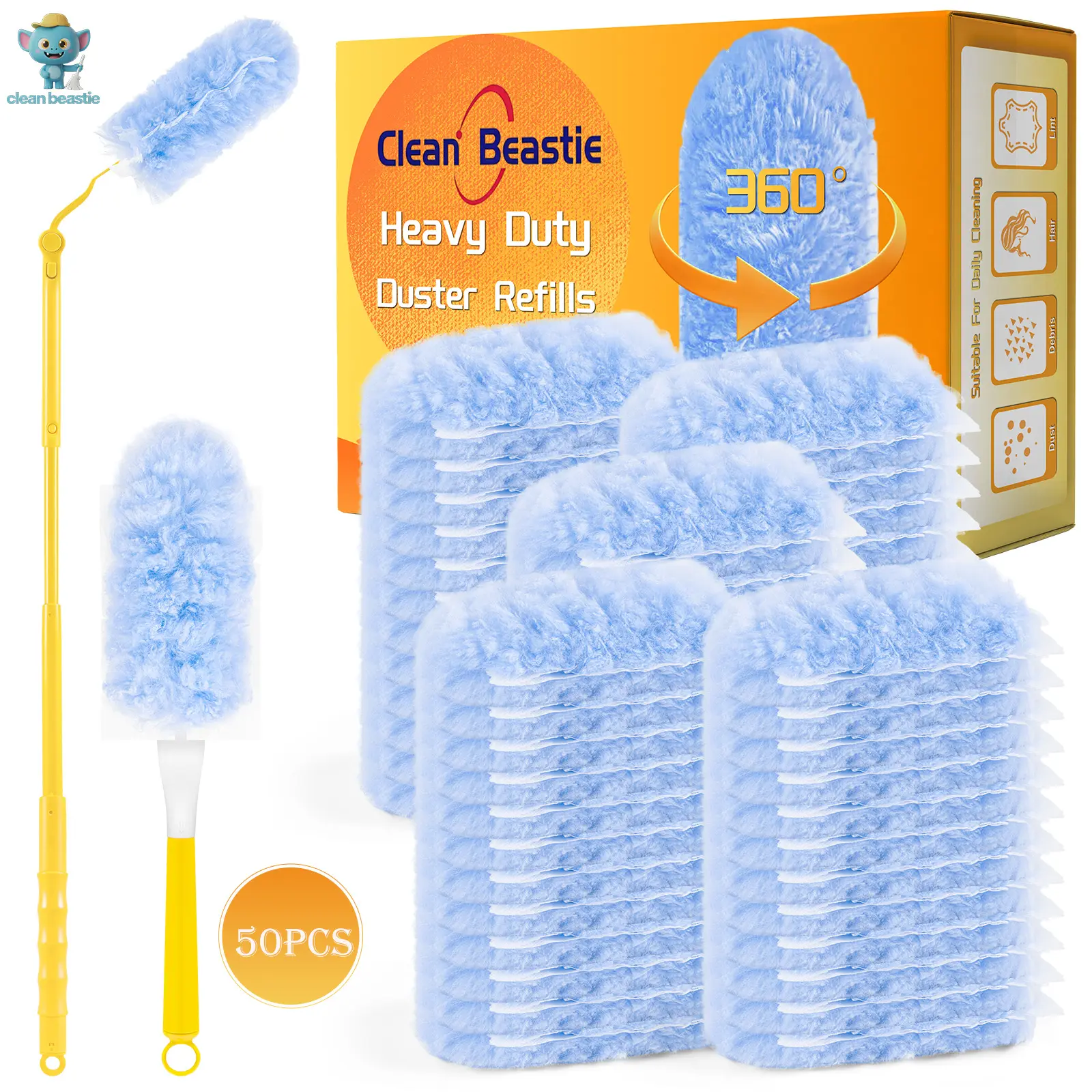 50-Count Disposable Microfiber Duster Refills with 1 Short Handle & 1 Extendable Handle, Heavy Duty Electrostatic Dusting Pads for Home, Car, Furniture & Daily Cleaning plumeros