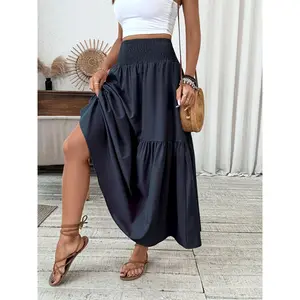 Women's Floral Chic Casual A-Line Ruffled Skirt, Elastic Waist Pockets, Leaf Hem, Long Fitted Skirt, Fashionable Mid-Length Dress