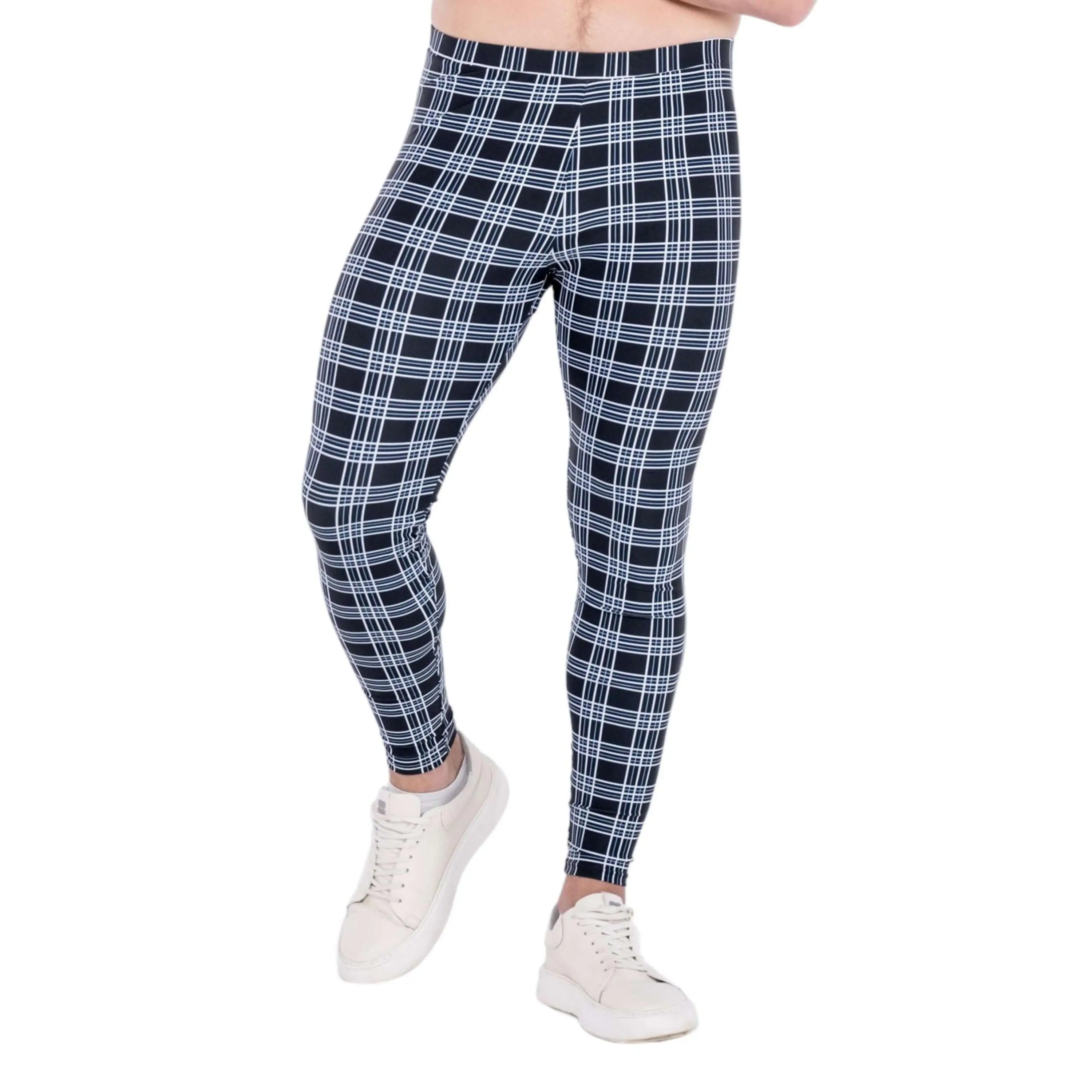 Kapow Meggings Highland Rogue Black Tartan Print Men’s Leggings Breathable 4-Way Stretch for Gym, Yoga, Festival & Workout Activewear