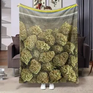 Weed-Themed Digital Print Fleece Blanket-Polyester, Machine Washable, Featuring an Orange-Light Blue-White Striped Floral Design, Suitable for All Seasons, Lightweight And Warm for Beds, Sofas, Etc