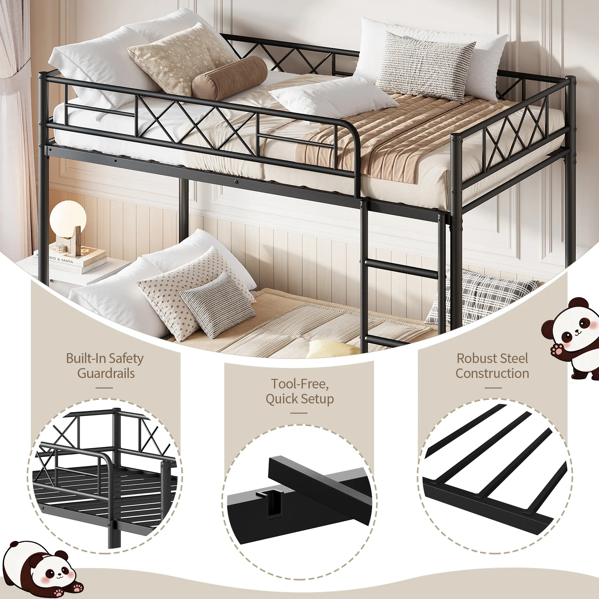 Heavy Duty Twin Over Twin Bunk Bed for Adults & Teens – Metal Frame with Stairs, Full-Length Guardrail, Metal Slats, Space-Saving Design, No Box Spring Required, Matte Black Finish