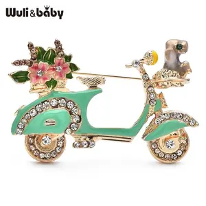 Wuli&baby Green Enamel Motor Bike Brooch Pin Flower Bouquet Puppy Sitting Front Cute Badge Jewelry Accessory