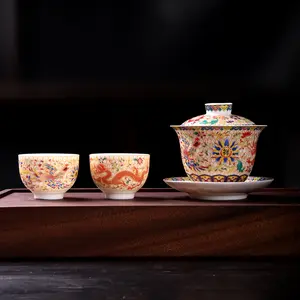 Enamel-painted Dragon-and-Phoenix Lidded Teapot Ceramic Tea-Brewing Bowl Set