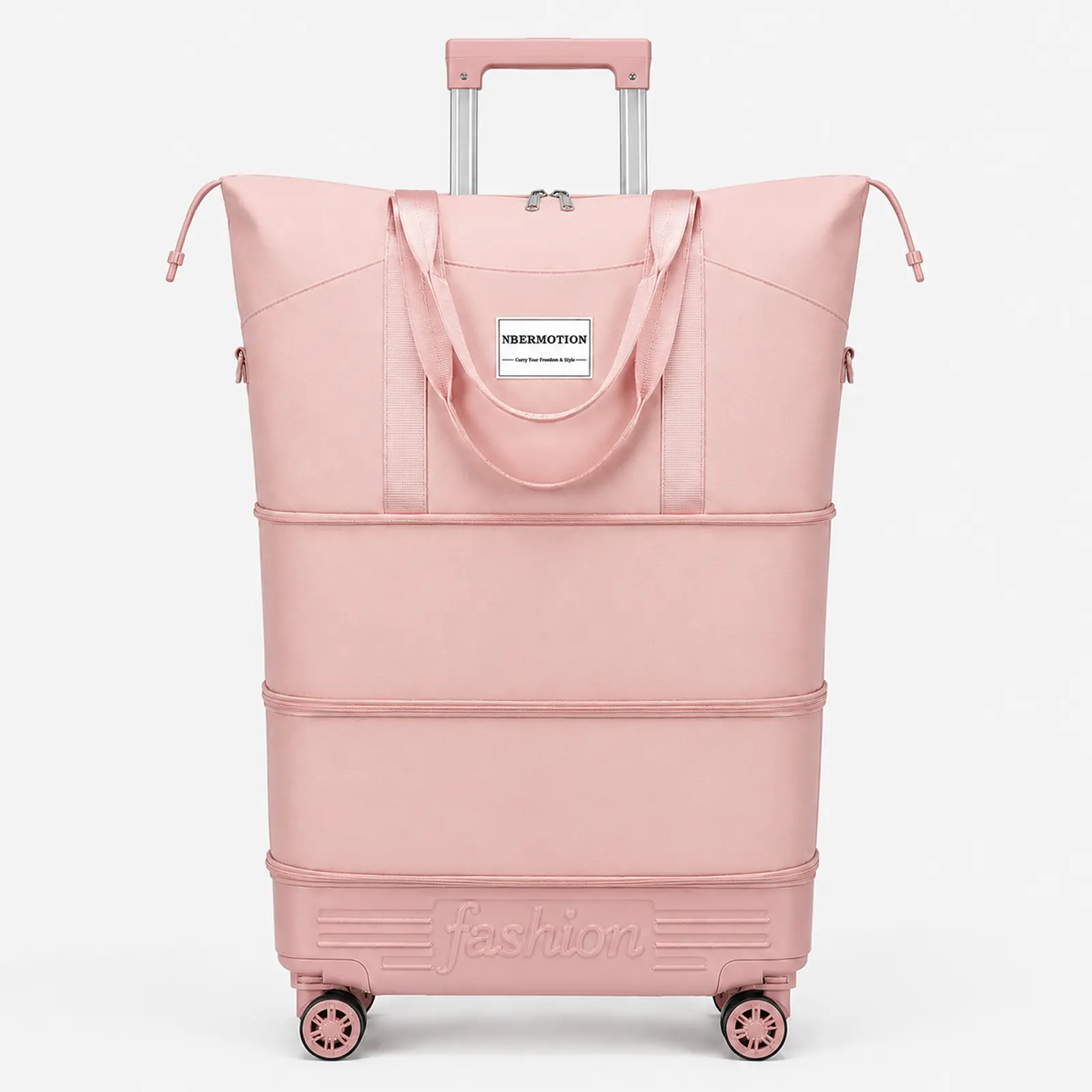 NBERMOTION Expandable Rolling Travel Bag with Removable Wheels & Pull Handle, 3-Layer Large Capacity Wheeled Duffle Tote, Foldable Lightweight Carry-On Style Weekender Overnight Bag for Women