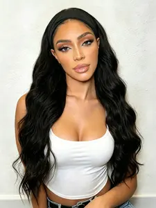 Black Headband Wigs Body Wave Headband Glueless Wig Long Wavy Adjustable Nylon Velcro Strap Beginner Friendly Heat Resistant Synthetic Wig Natural Look Everyday Wear Wig for Daily Party 28 Inch