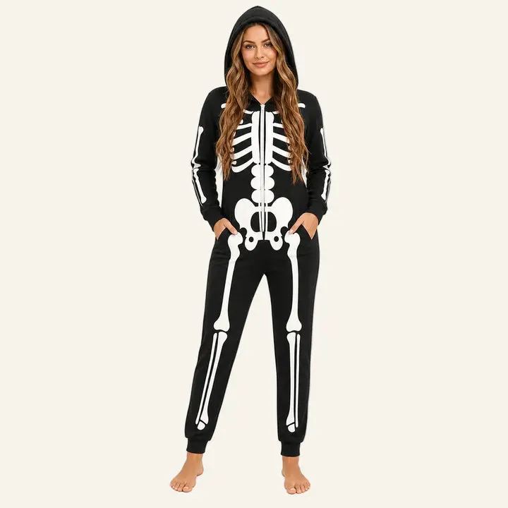 Neon Skeleton Hooded Kigurumi Onesie, Black-Blue Women's Sleepwear & Loungewear