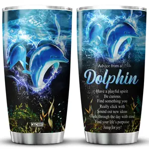 MYMISOR Advice From A Dolphin Coffee Tumbler 20oz Ocean Themed Cups For Women Sea Life Coffee Mug Insulated Inspiration Animal Print Cup Stainless Steel Tumblers Dolphin Lover Gift