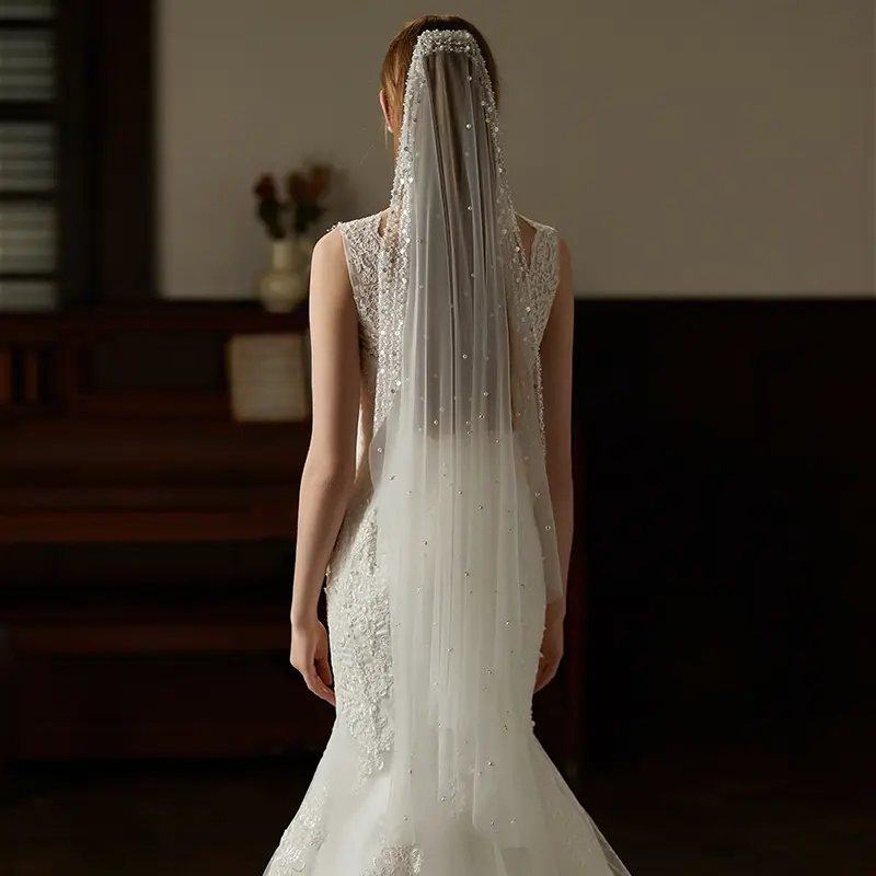Shiny beaded wedding veil, gorgeous sparkling sequined bridal veil, single tier pearl wedding veil, short veil 47"
