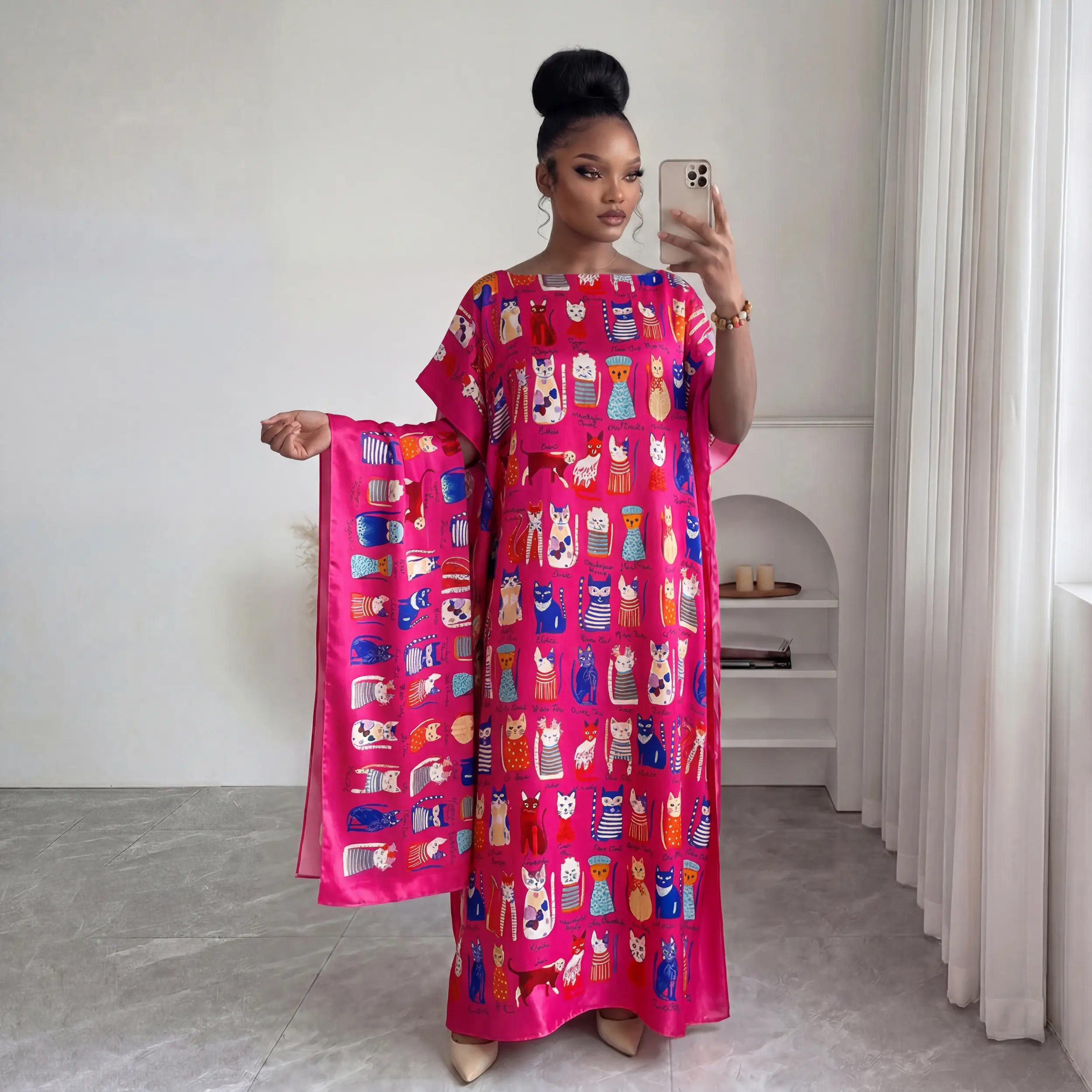 Cartoon Cute Cat Print Satin Kaftan Dress with Matching Scarf, Oversized Batwing Floor Length Maxi Caftan for Women Casual Vacation Outfit