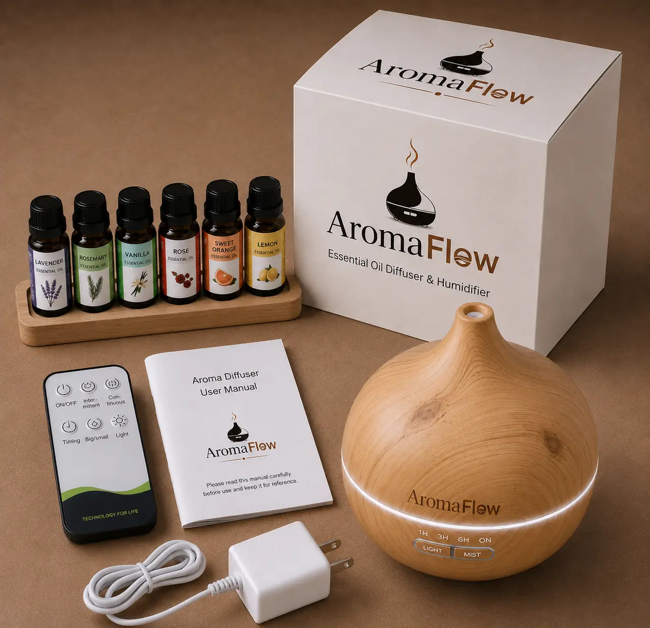 AromaFlow Essential Oil Diffuser – Premium Aromatherapy Diffuser for Bedroom, Home & Office with LED Light, Remote Control, Timer & Quiet Mist