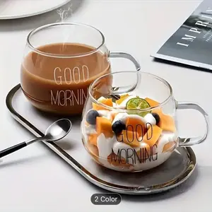 1pc Clear Glass Coffee Tea Cup with Handle featuring "GOOD MORNING" Print - Multifunctional Beverage and Dessert Breakfast Milk Cup for Home and Food Service Use - Uncharged Glass Material Mug Drinkware Stylish Tumblers Bottles