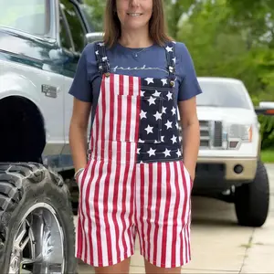 American Flag Denim Short Overalls for Adults, Stretchy Bib Shorts, Outdoor Patriotic Streetwear