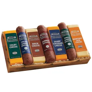 The Wisconsin Cheeseman Meat and Cheese Combo - Featuring Italian, Original and Garlic Summer Sausages, Colby, Brick, Sharp Cheddar, and Monterey Charcuterie Boards, Charcuterie Gift Basket Set