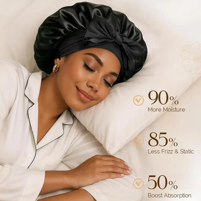 Unisex Double-Layer Solid Satin Bonnet with Adjustable Tie Band for Haircare, Frizz Control & Curl Enhancing Heatless Styling