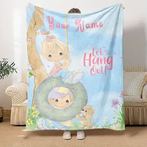 Precious Moments Custom Name Flannel Blanket Personalized Cute Angel Aesthetic Soft Warm Throw For Gamer Room Decor Dorm Essential Bed Sofa Home Holiday Gift