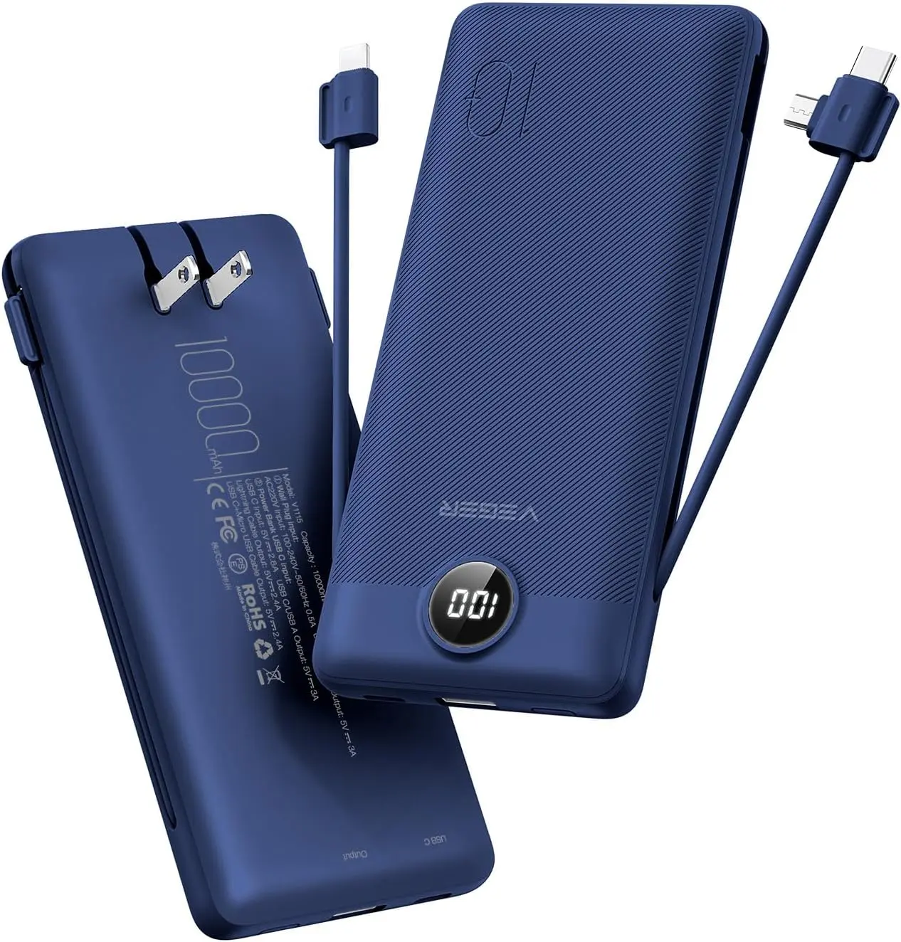 VEGER 10000mAh Ultra-Slim Power Bank, Portable Durable Battery Pack with Built-in AC Plug & Cable, Dual Port Charging Emergency Phone Charger for iPhone 17-14, Samsung, iPad (iOS/Type-C Compatible), Battery Pack Power Banks