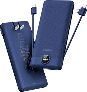 VEGER Portable Charger, 10000mAh Ultra-Slim Power Bank, with Built-in AC Plug and Cable, Compatible with iOS and Type-C—a Must-Have Travel Charger for iPhone 17, 16, 15, 14, Samsung, and iPad