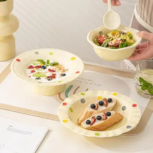 Ceramic Bowl & Spoon Set, Polka Dot Pattern Bowl & Spoon, Tableware Set for Home Kitchen Dining Room